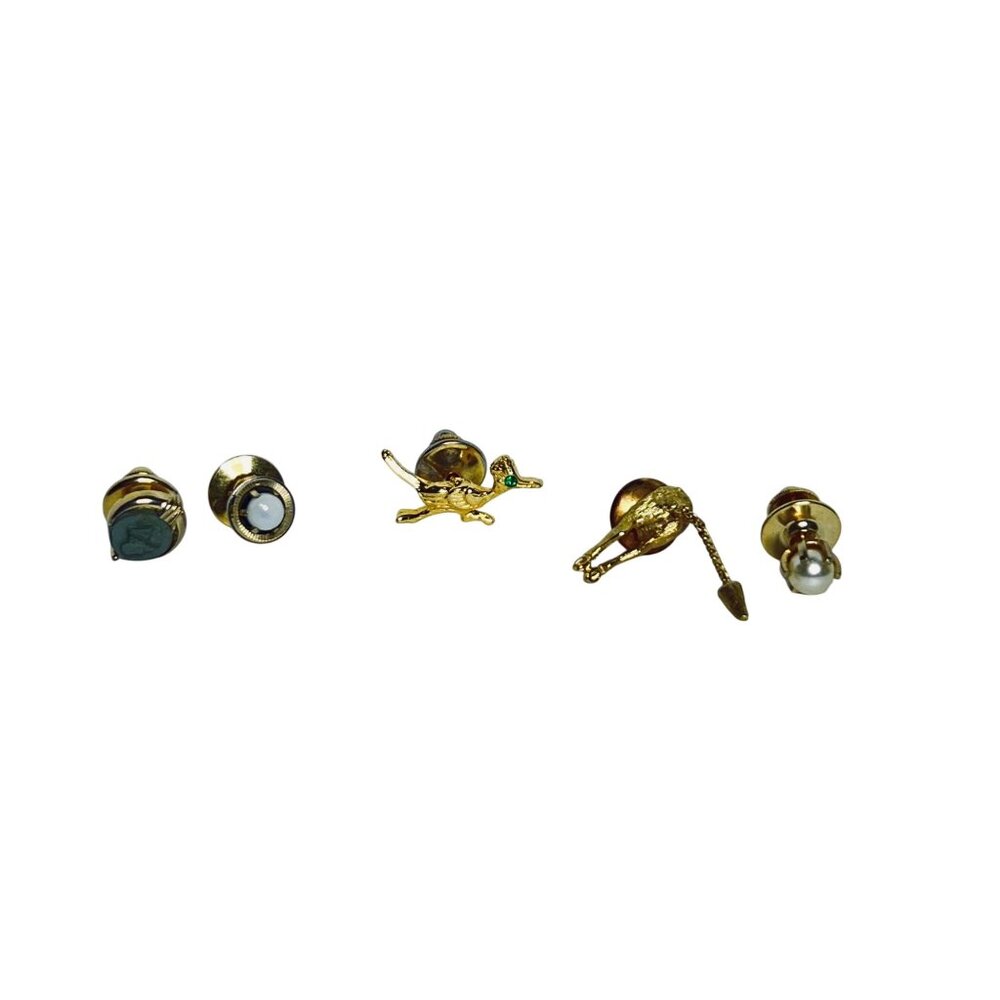 Lot Of 5 Vintage Gold Tone Tie Tacks With Animal & Pearl Designs (6052)